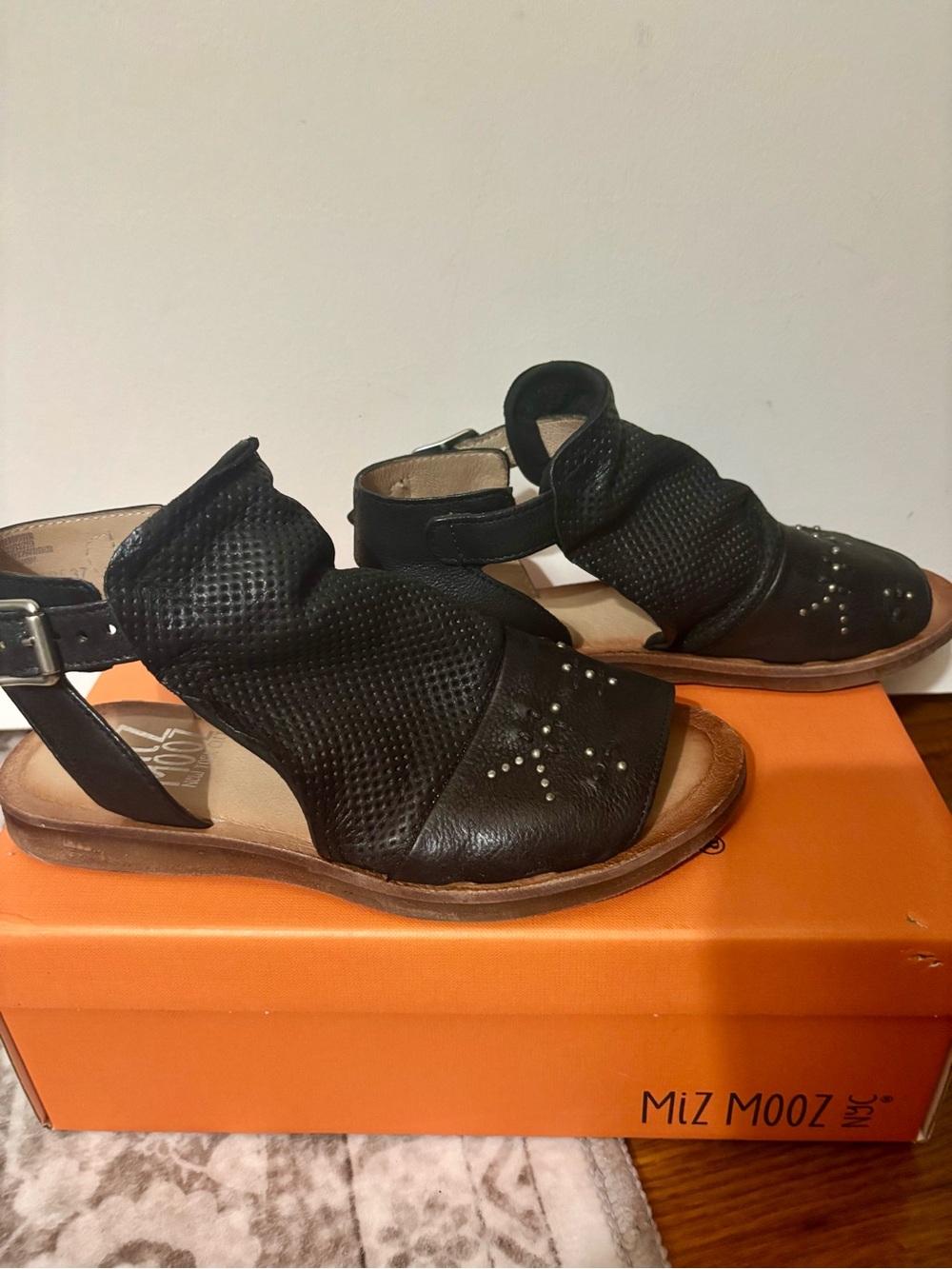Miz Mooz Black Leather Perforated Ankle-Strap Sandals with Stud Accents